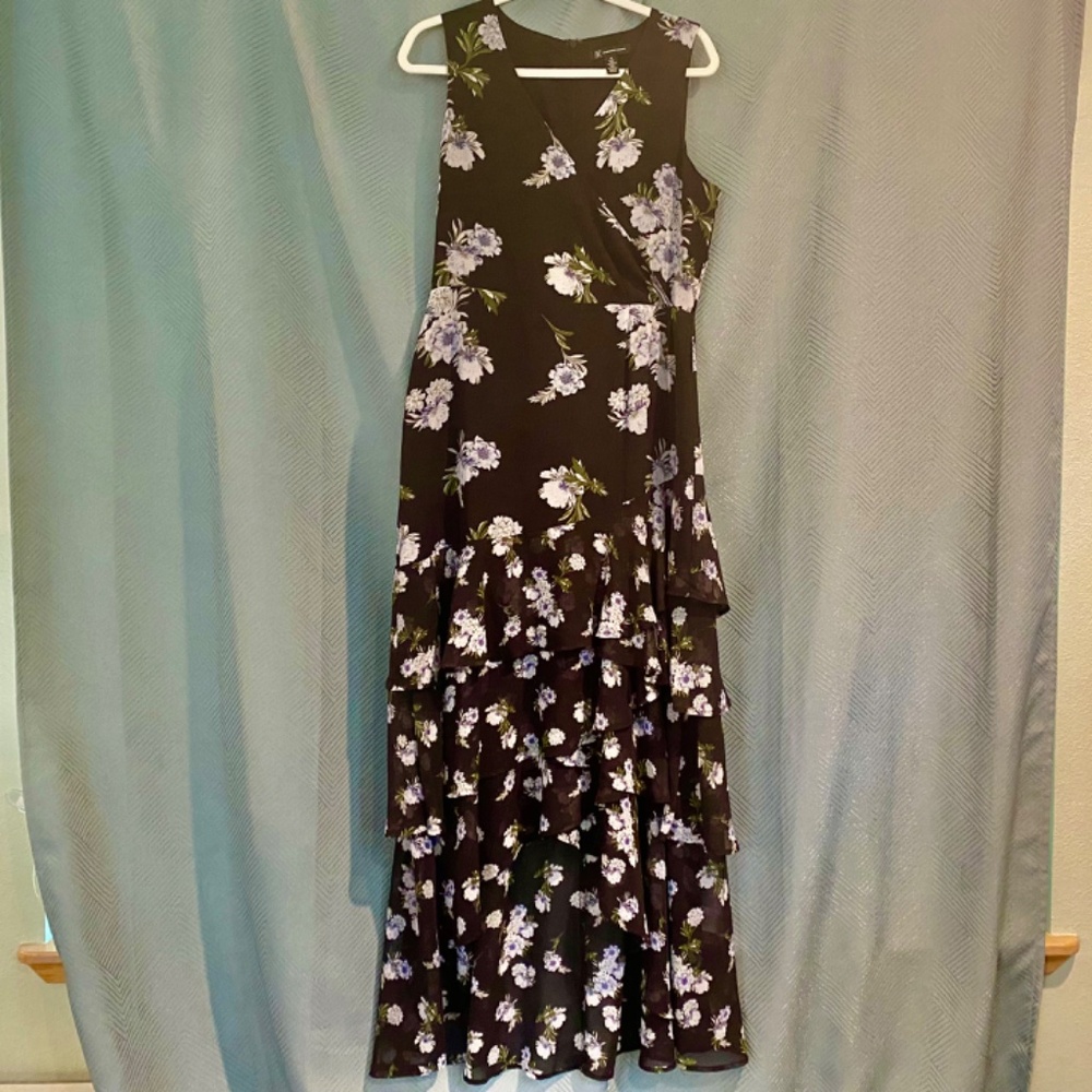INC International Concepts 10 Black Floral Tiered Ruffles Maxi Dress Grad Bridal